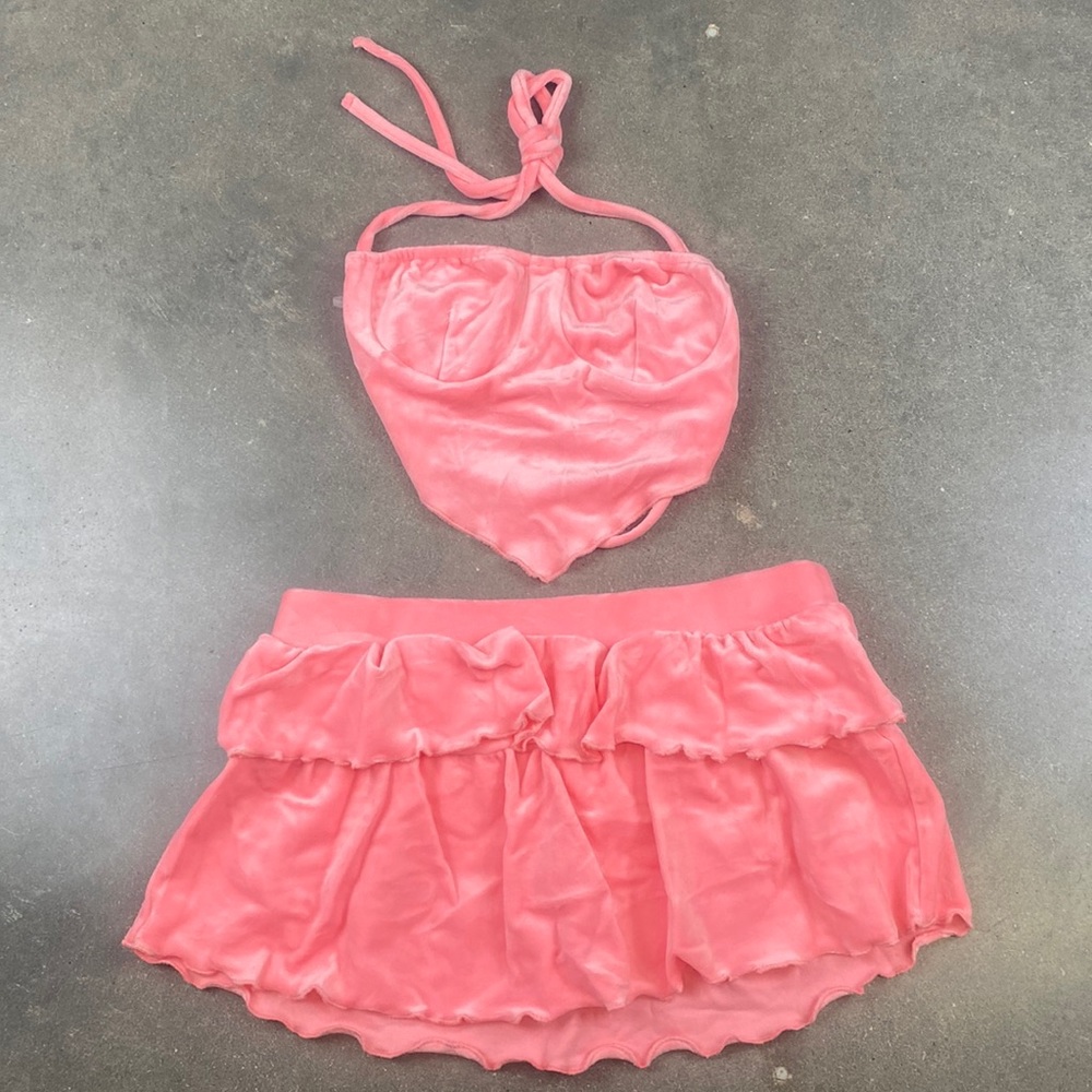 Bright Pink velour tube top and mini skirt set